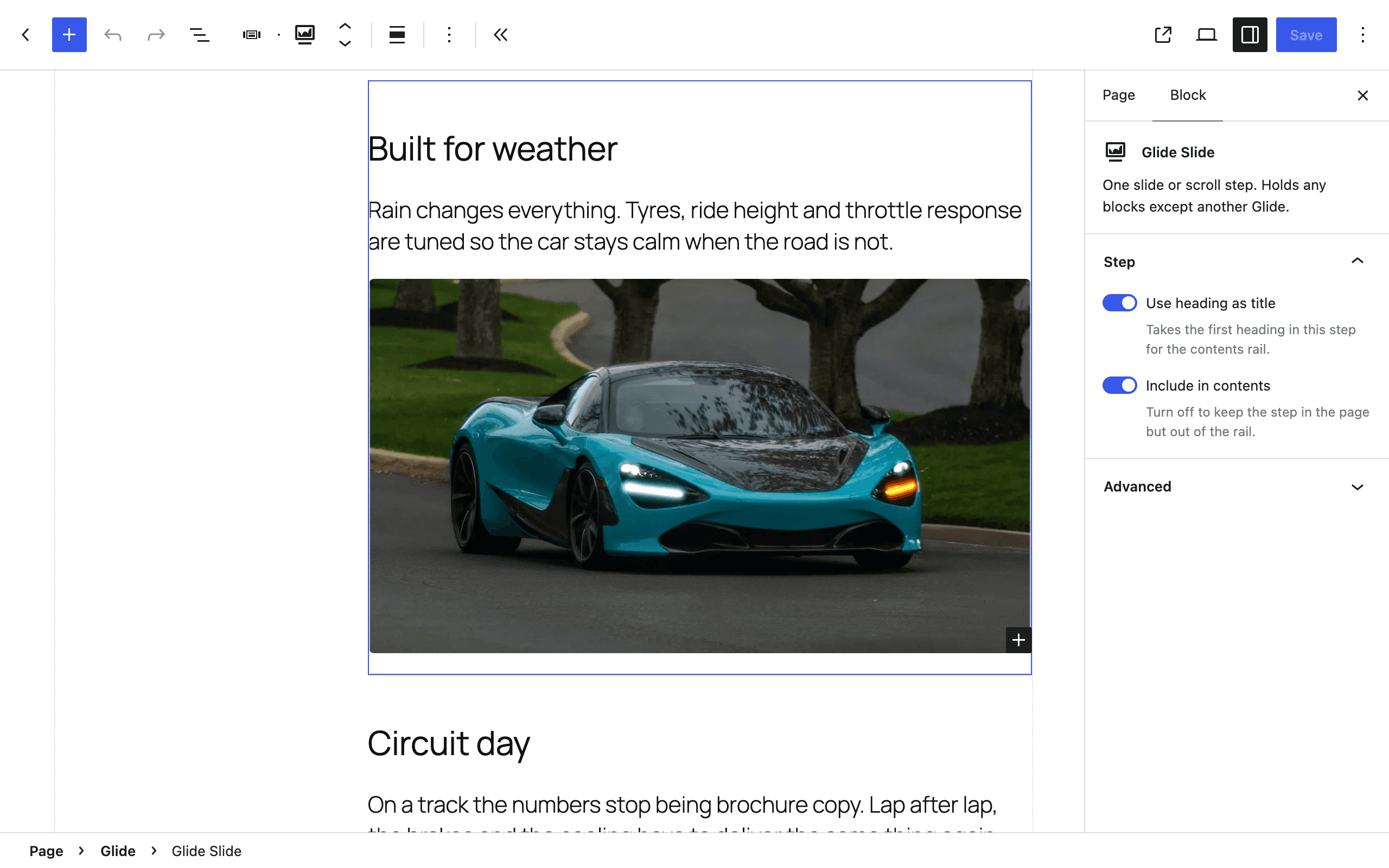 The block editor with a step inside a Glide Sticky Chapters section selected, and its Step panel showing "Use heading as title".