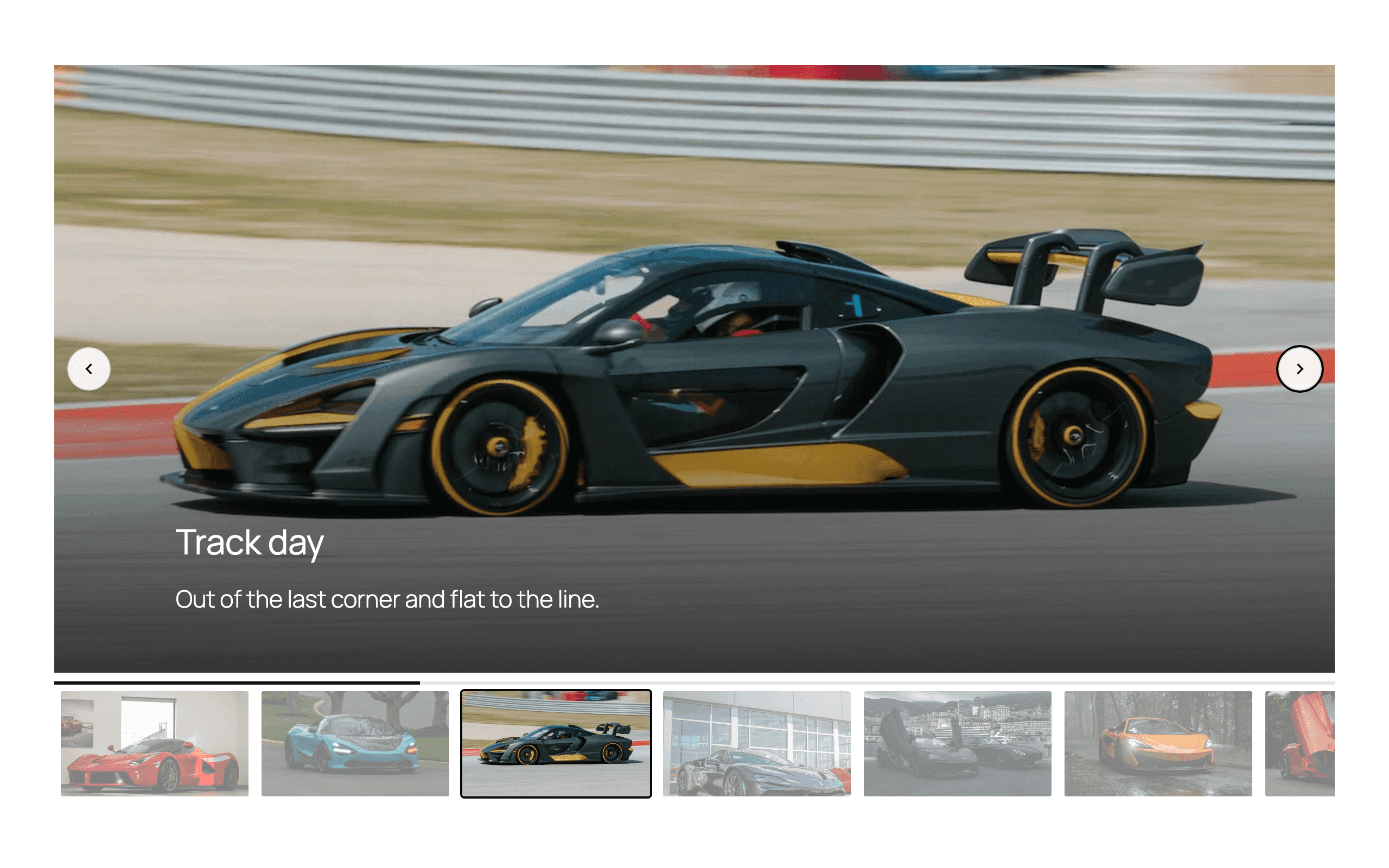 A Glide content slider on a page, with arrows, a progress bar and a row of thumbnails beneath it.