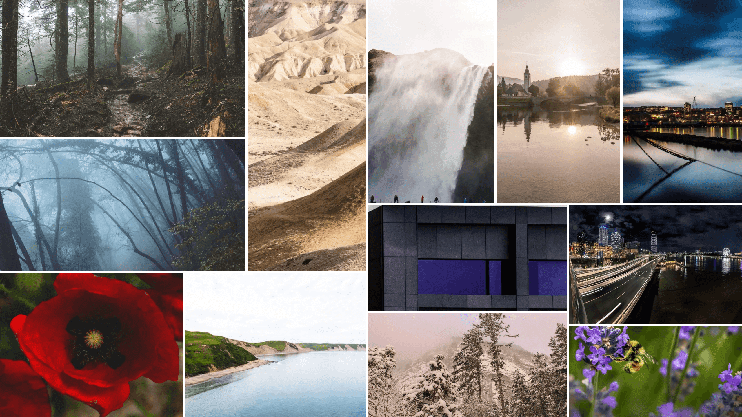 A Serendipity gallery: twelve photographs, from a stream in a misty forest to a red poppy and a bee on lavender, cropped into a mosaic of unequal tiles that fills its space.