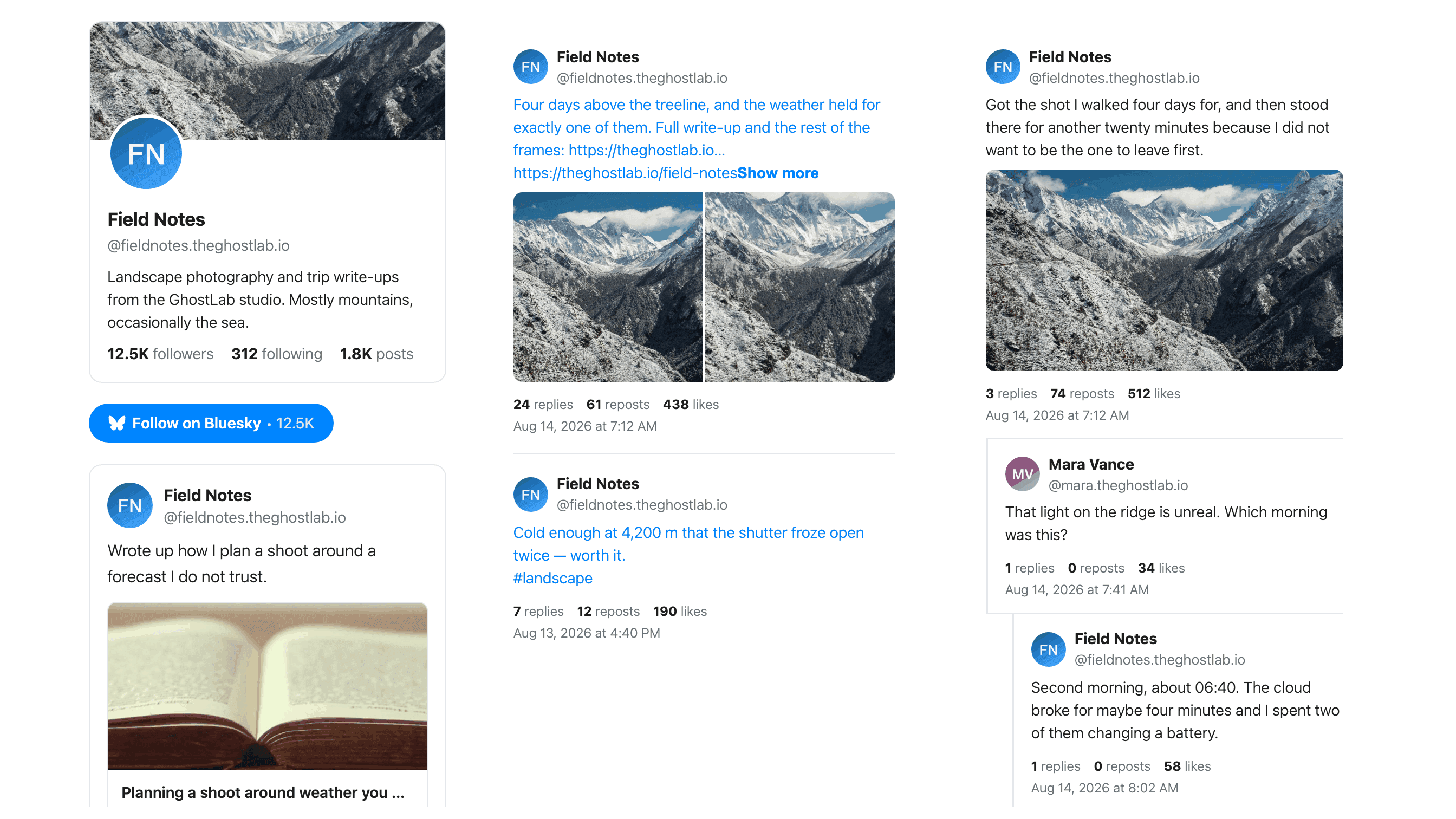 Friendly Skies blocks on a page: a profile card, a follow button with its follower count, a Bluesky post with a link card, a feed of posts with photos, and a thread with its replies indented.