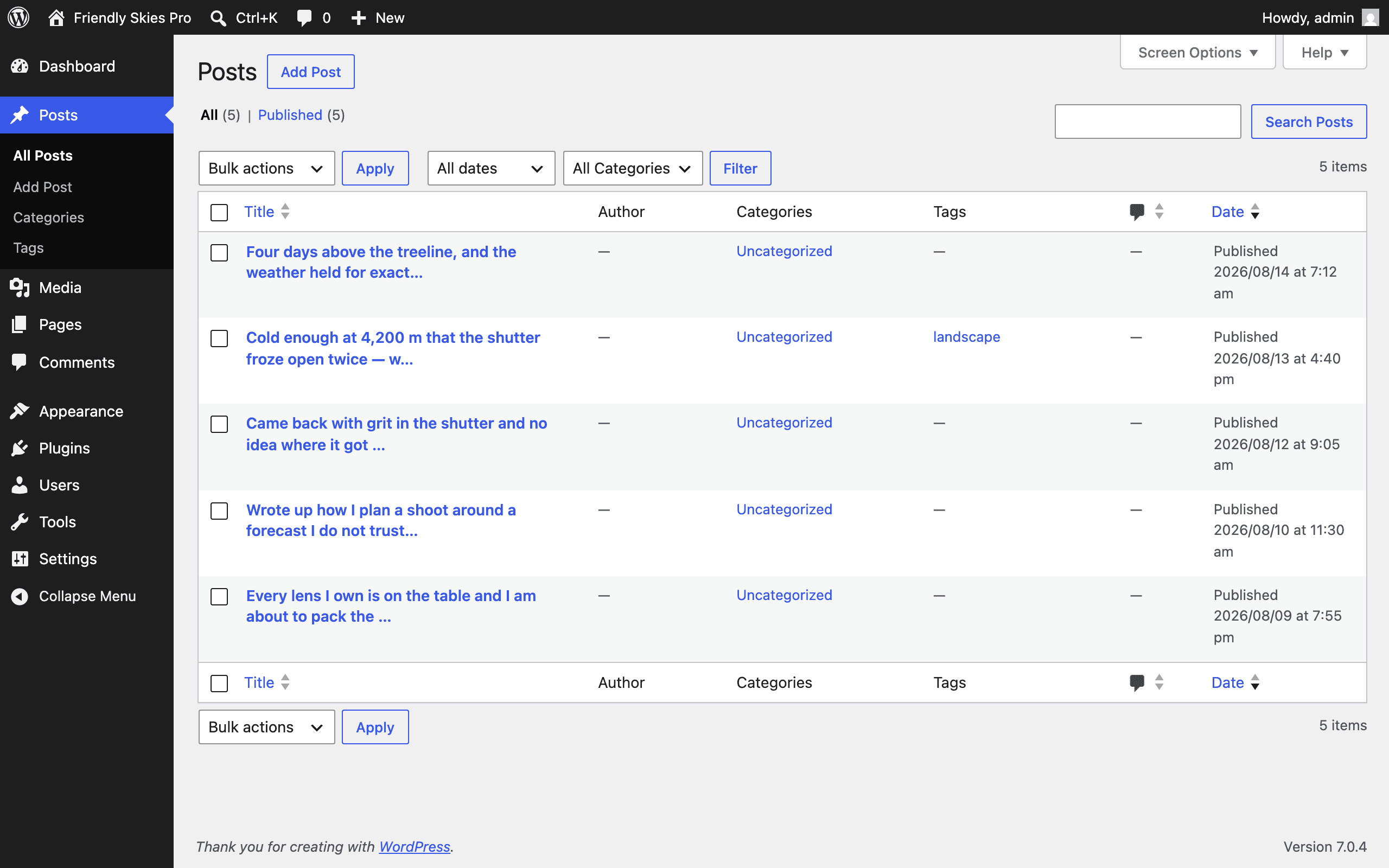WordPress's Posts screen, with five posts imported from Bluesky by Friendly Skies Pro, one of them tagged from its hashtag.